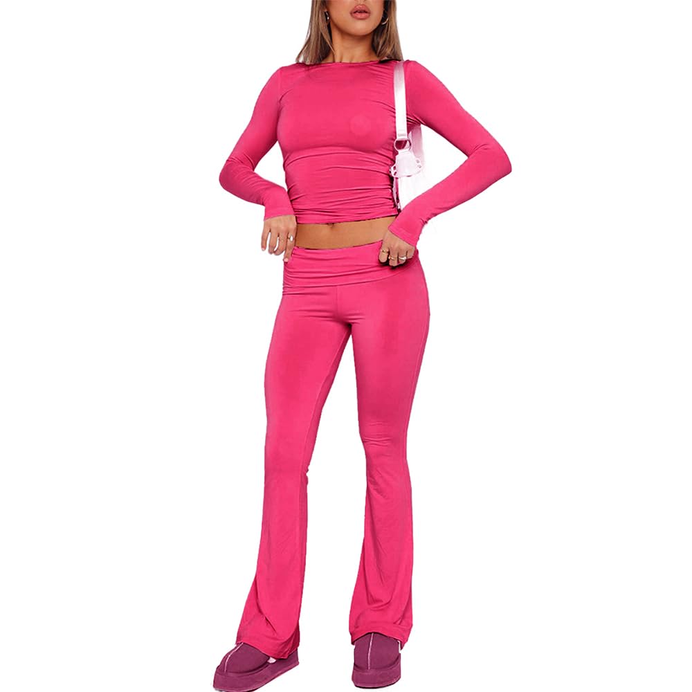 Womens 2 Piece Lounge Set Tight Crop Tops Fold Over Pant Set Travel Airport Outfits Comfy Yoga Tracksuits