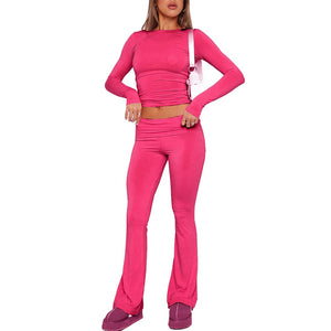 Womens 2 Piece Lounge Set Tight Crop Tops Fold Over Pant Set Travel Airport Outfits Comfy Yoga Tracksuits