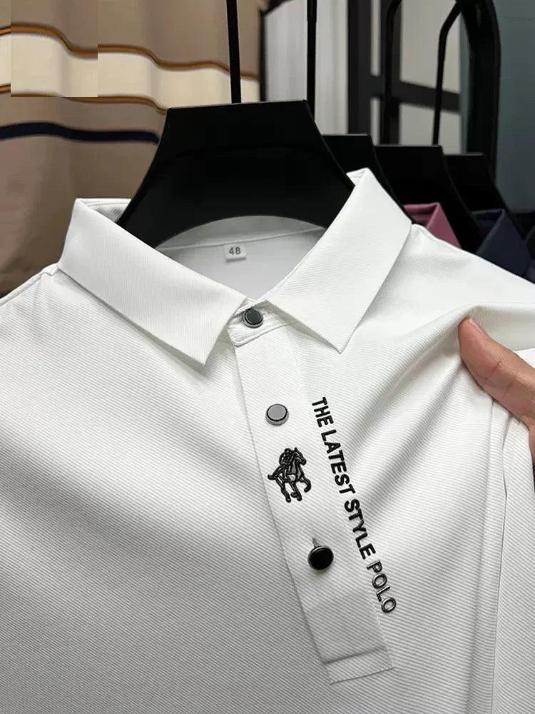 White men's polo shirt with horse logo and 'THE LATEST STYLE POLO' text, comfortable casual wear