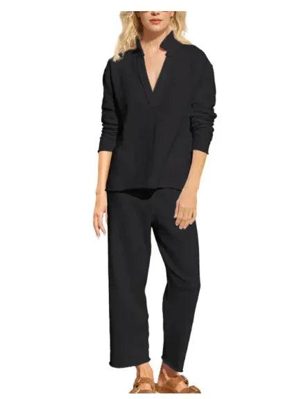 Black long-sleeve V-neck top and matching cropped pants for women's comfortable everyday wear