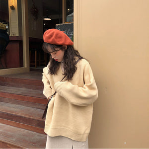 Loose Black Sweater for Women - Vintage V-Neck Knit