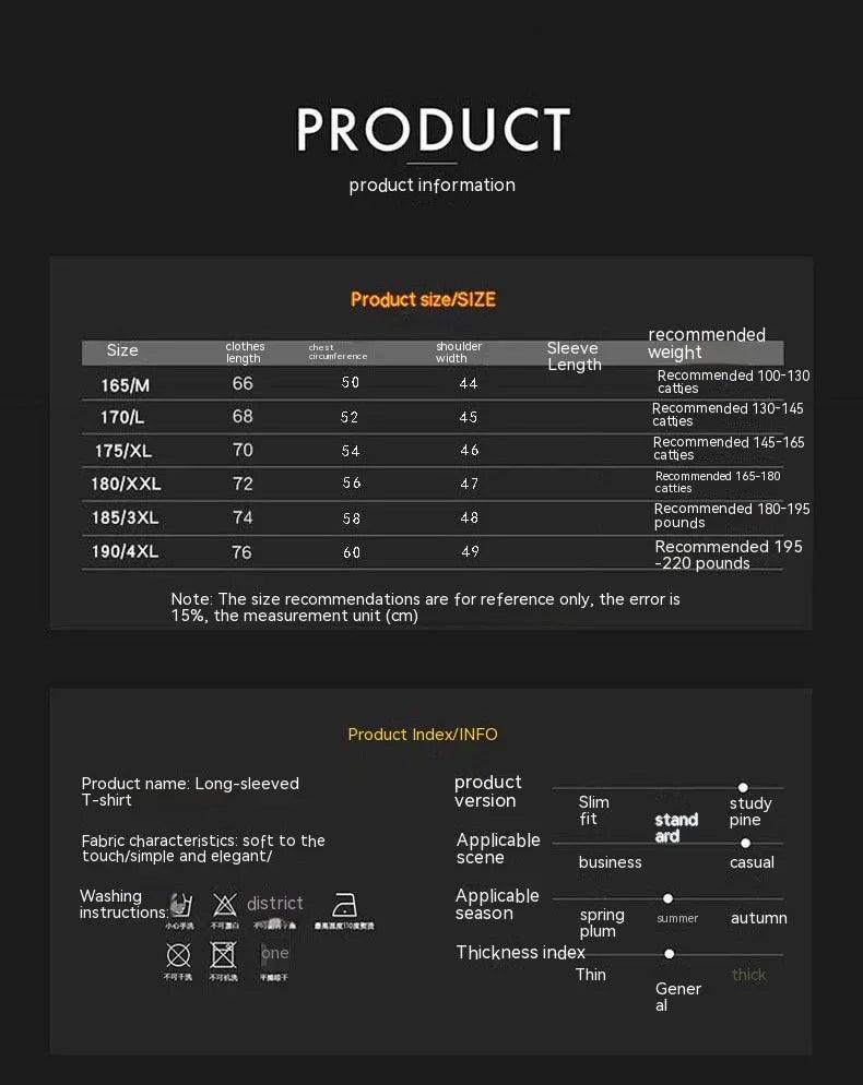 Long-sleeved T-shirt size chart & product info: slim fit, casual wear, soft fabric, spring to autumn use