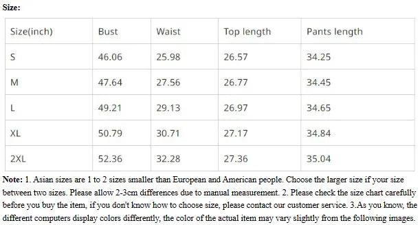 Size chart for comfortable women's clothing with bust, waist, top and pants measurements in inches