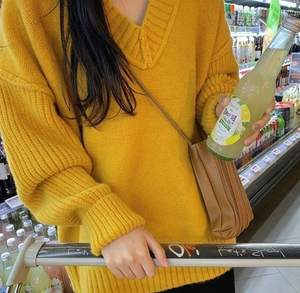 Loose Black Sweater for Women - Vintage V-Neck Knit