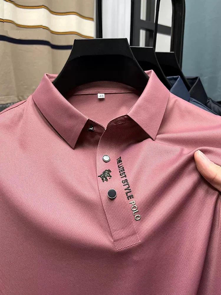 Pink men's polo shirt with 'THE BEST STYLE POLO' embroidery, soft fabric, button collar, stylish comfort wear