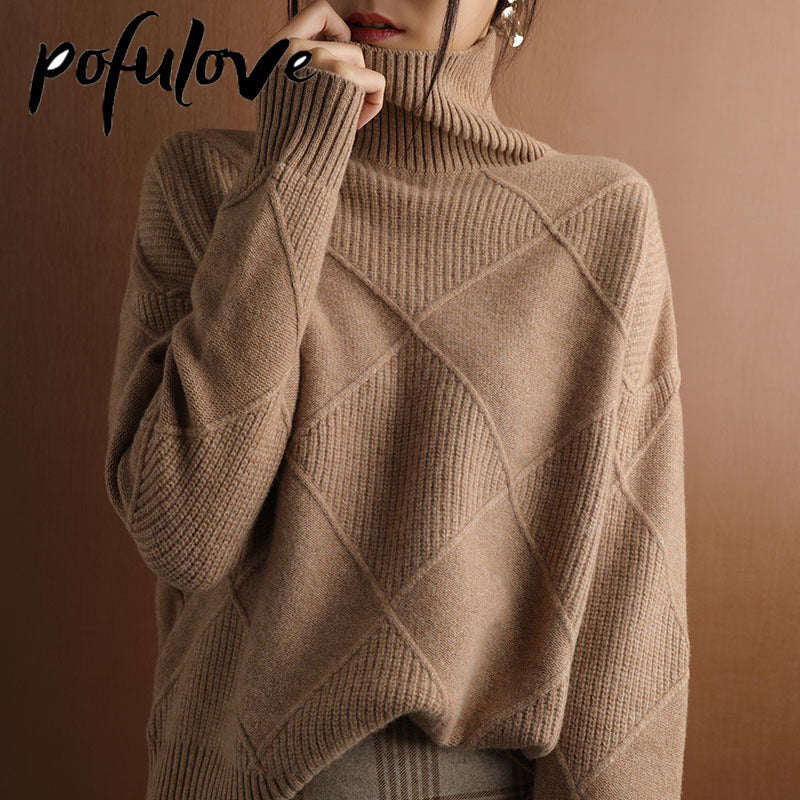 Wool High-Neck Thick Knitted Sweater for Women