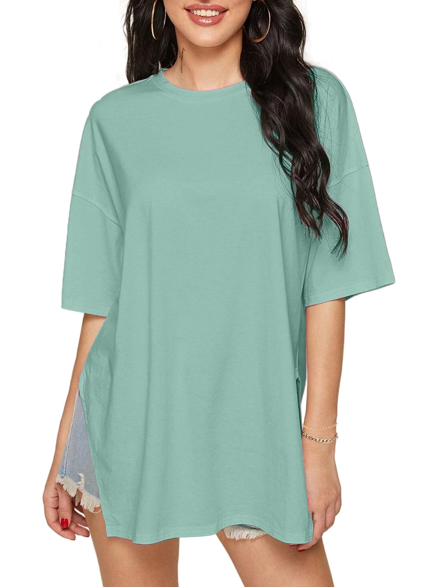 SOFIAS CHOICE Womens Crew Neck Oversized Tee Side Split Short Sleeve T Shirt Gray Blue Large