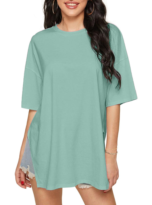 SOFIAS CHOICE Womens Crew Neck Oversized Tee Side Split Short Sleeve T Shirt Gray Blue Large