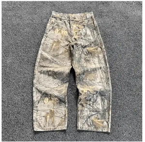 2000s Retro Leaf Print Baggy Jeans-“ Hip Hop Streetwear Loose Fit
