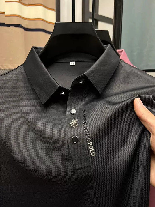 Black men's polo shirt with 'FINEST STYLE POLO' embroidery, comfortable everyday wear