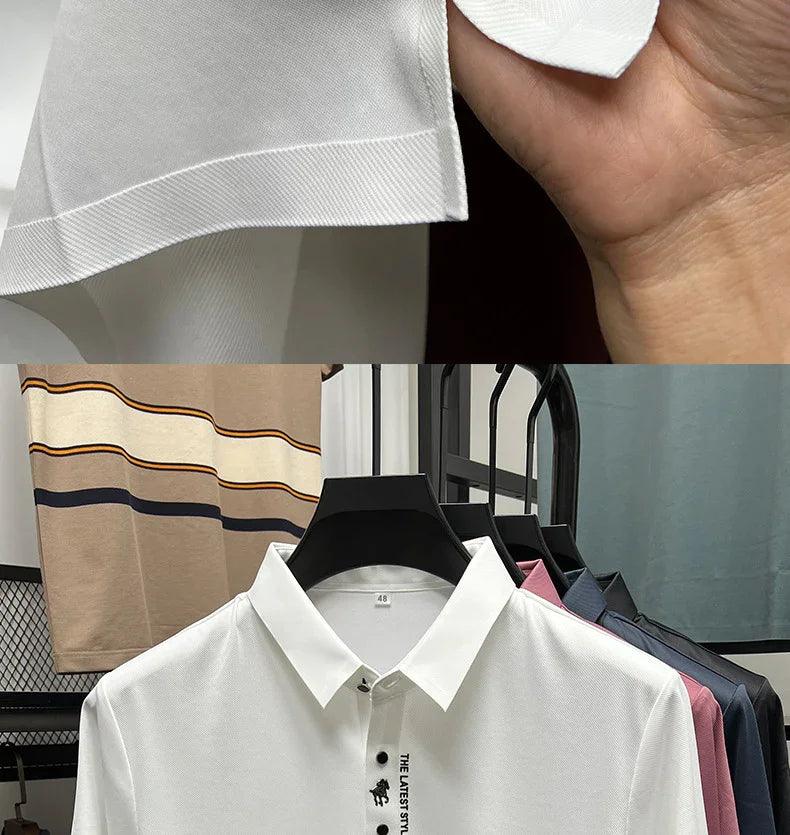 White men's polo shirt with embroidered logo, soft fabric close-up, stylish comfort wear for everyday