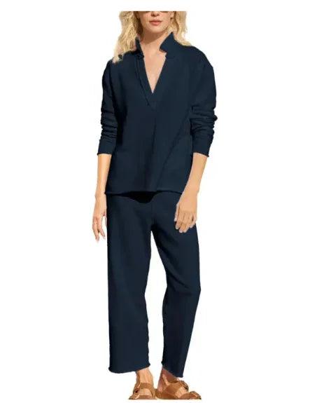 Navy blue women's relaxed fit lounge set with V-neck top and wide-leg pants, ideal for comfortable everyday wear.