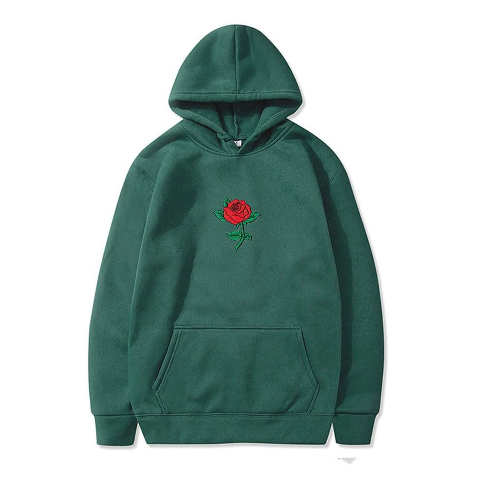Green hoodie with red rose embroidery, cozy comfort wear for everyday style