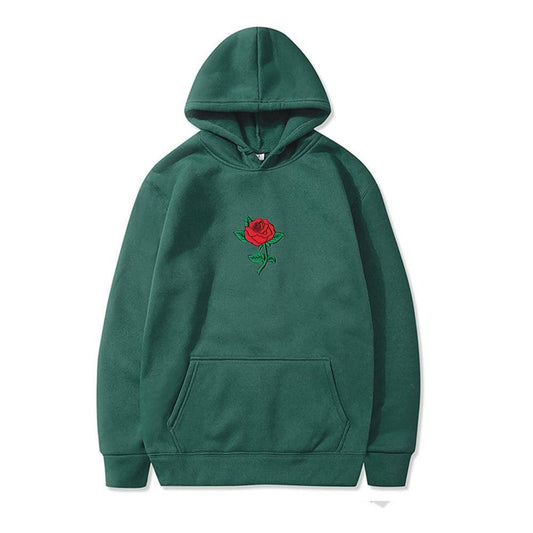 Green hoodie with red rose embroidery, cozy comfort wear for everyday style