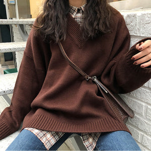 Loose Black Sweater for Women - Vintage V-Neck Knit
