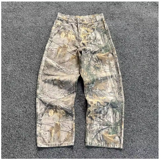 2000s Retro Leaf Print Baggy Jeans â€“ Hip Hop Streetwear Loose Fit